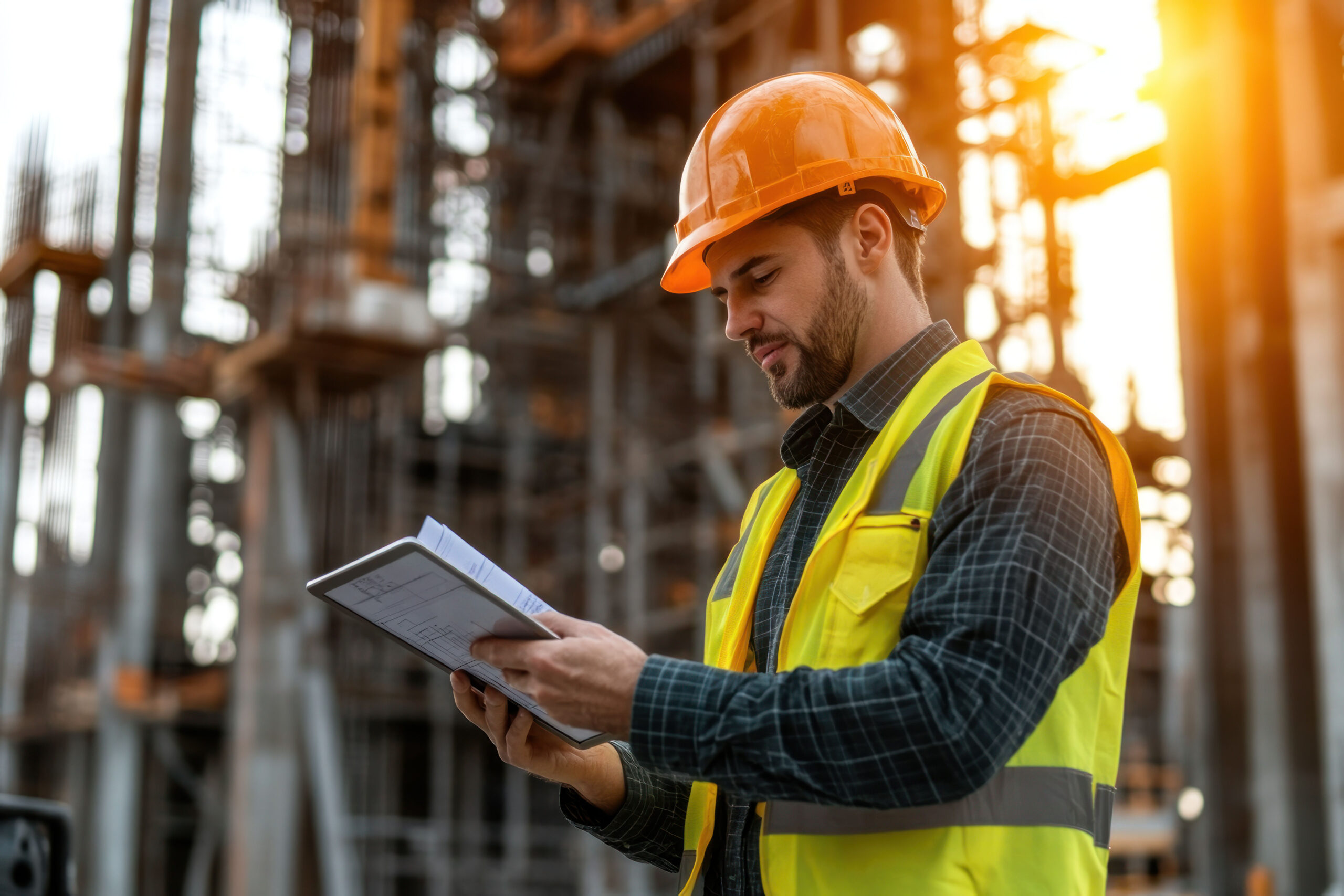 Here’s a possible response Construction worker reviewing blueprints on a tablet at a building site.